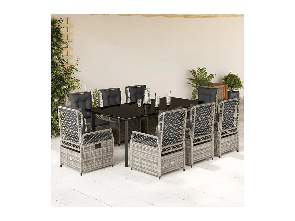9 peças conjunto de jantar para jardim com almofadões vime PE cinza