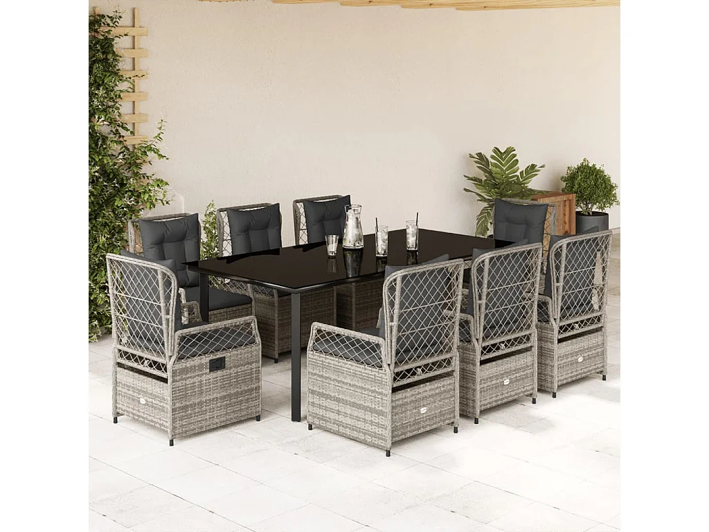 9 peças conjunto de jantar para jardim com almofadões vime PE cinza