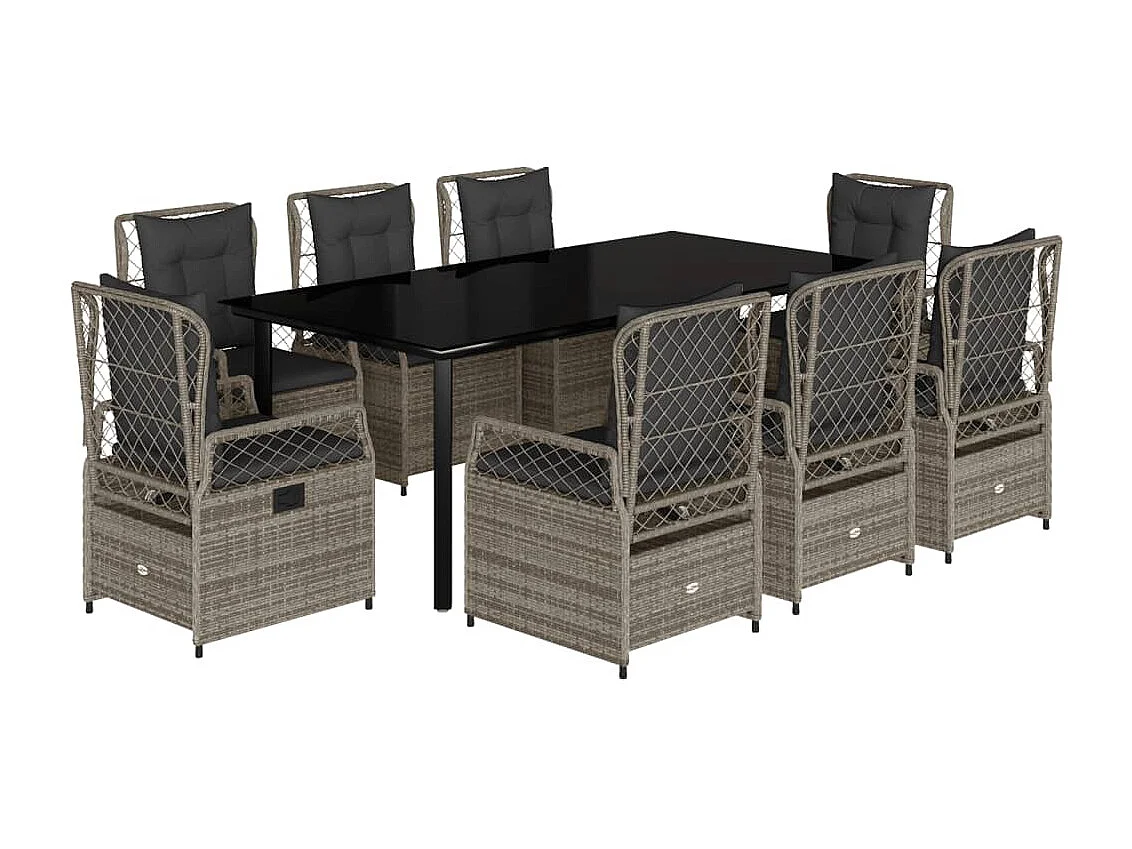 9 peças conjunto de jantar para jardim com almofadões vime PE cinza