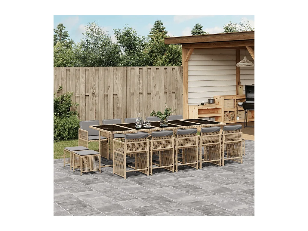 Ensemble à manger de jardin et coussins 15 pièces mélange beige