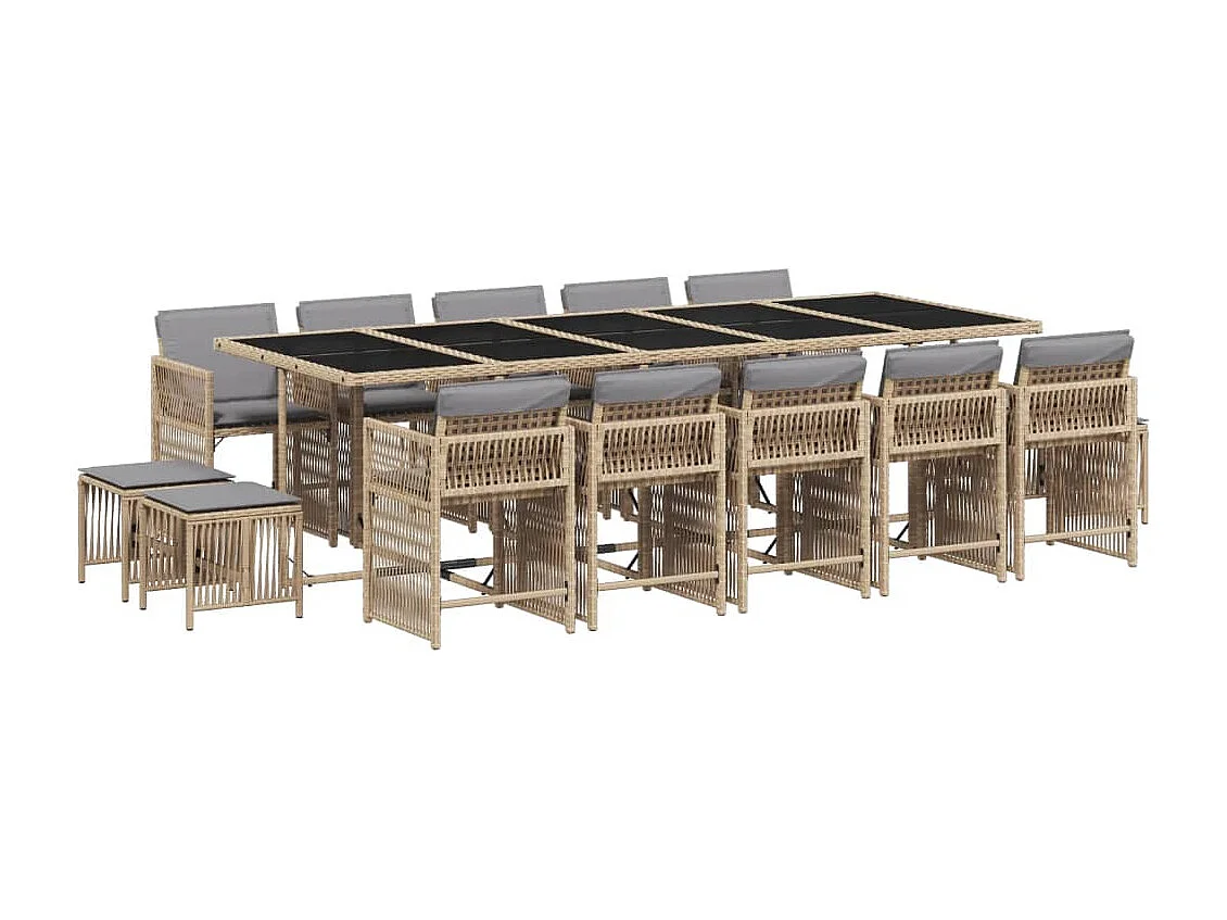 15 peças conj. jantar jardim com almofadões vime PE bege misturado