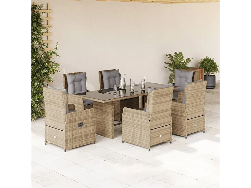 Ensemble à manger de jardin et coussins 7 pièces beige poly rotin