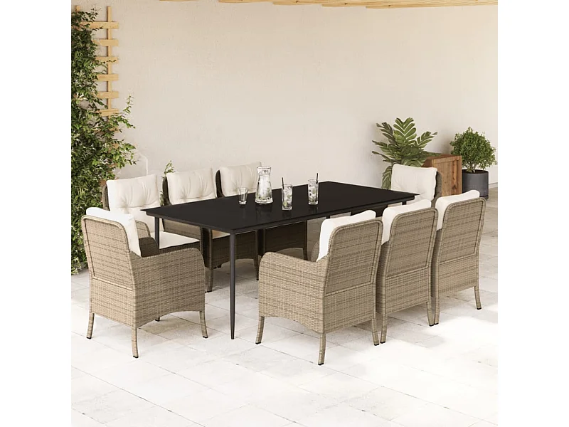 Set comedor de jardín 9 piezas con cojines ratán sintético beige