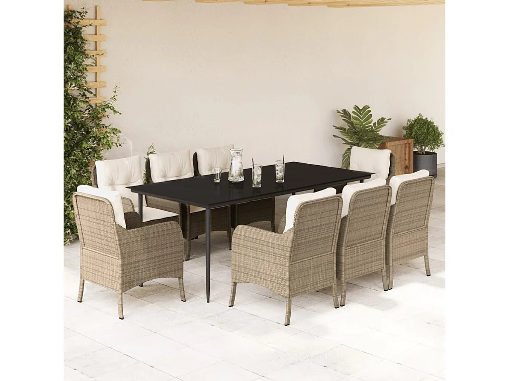 Set comedor de jardín 9 piezas con cojines ratán sintético beige