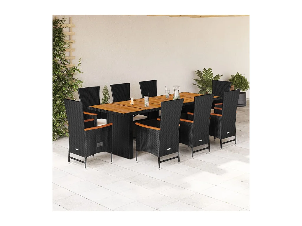 9 peças conjunto de jantar para jardim com almofadões vime PE preto