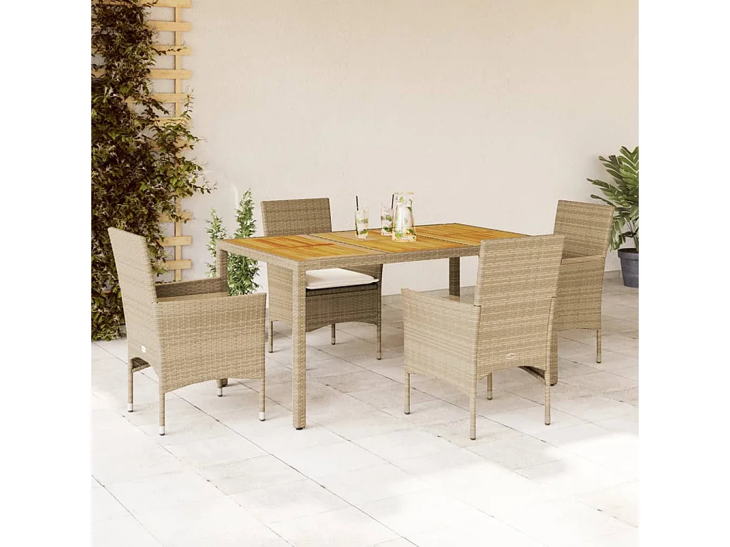 Ensemble à manger de jardin et coussins 5 pièces beige rotin acacia