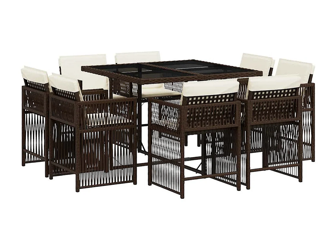 Ensemble à manger de jardin et coussins 9 pièces marron poly rotin
