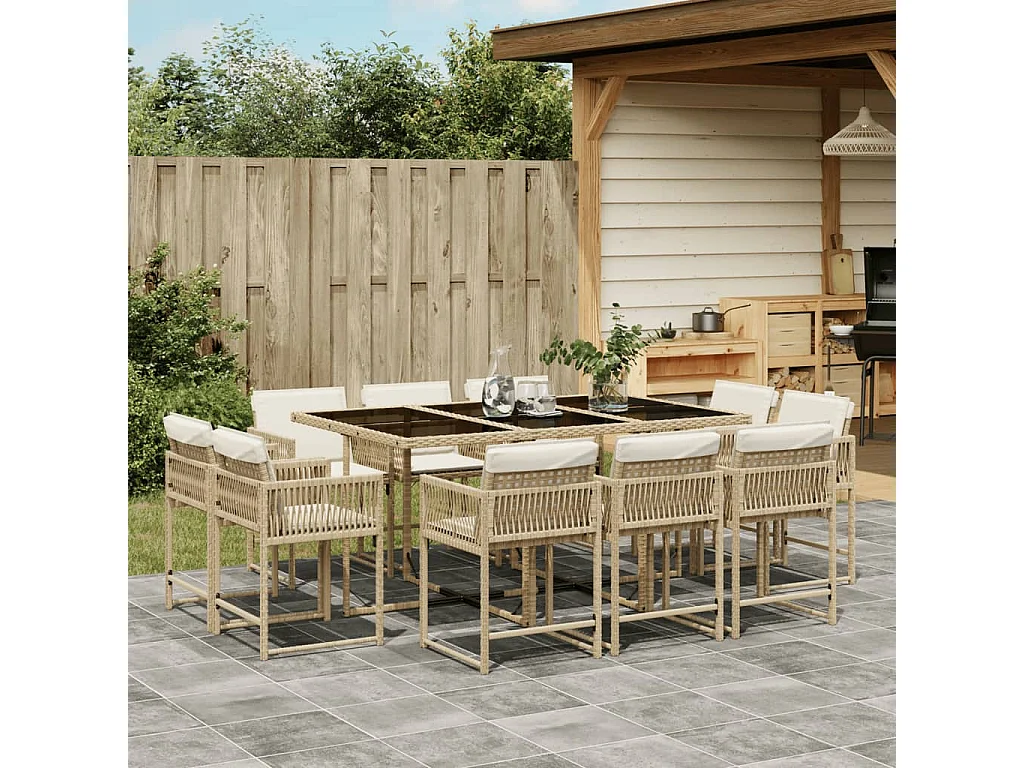 Ensemble à manger de jardin et coussins 11 pièces beige poly rotin