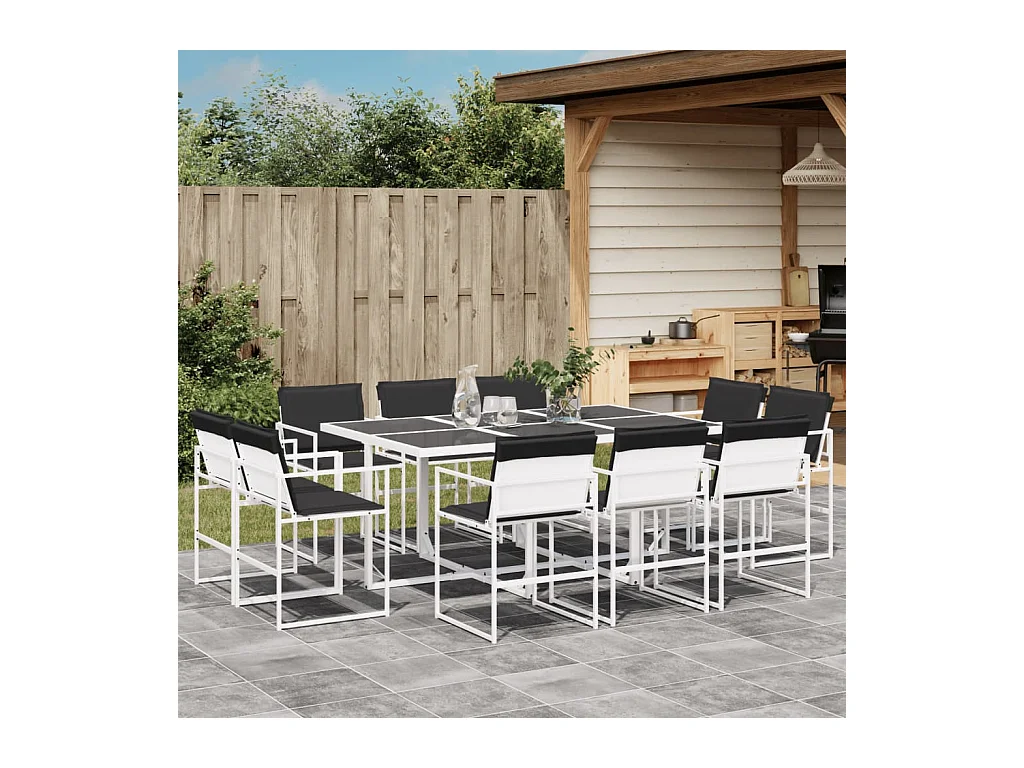 Ensemble à manger de jardin avec coussins 11 pièces blanc textilène