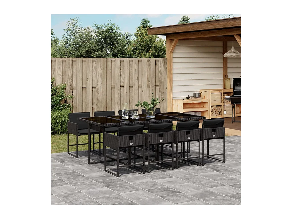 9 peças conjunto de jantar para jardim com almofadões vime PE preto