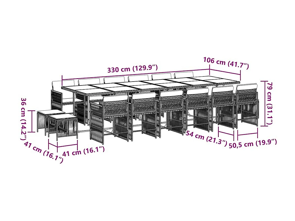 Ensemble à manger de jardin 17 pièces et coussins résine tressée