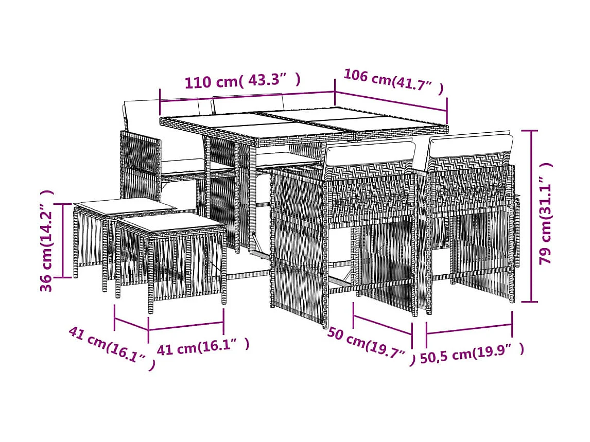 Ensemble à manger de jardin et coussins 9 pièces beige Poly rotin