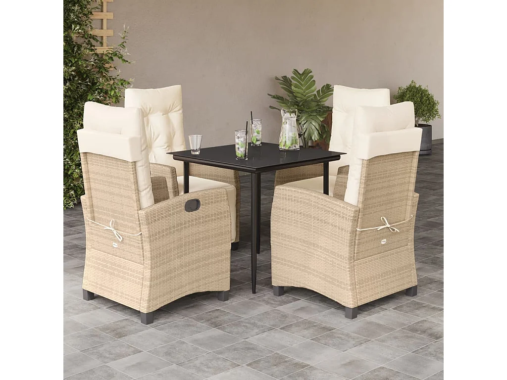 Ensemble à manger de jardin avec coussins 5 pièces Beige poly rotin