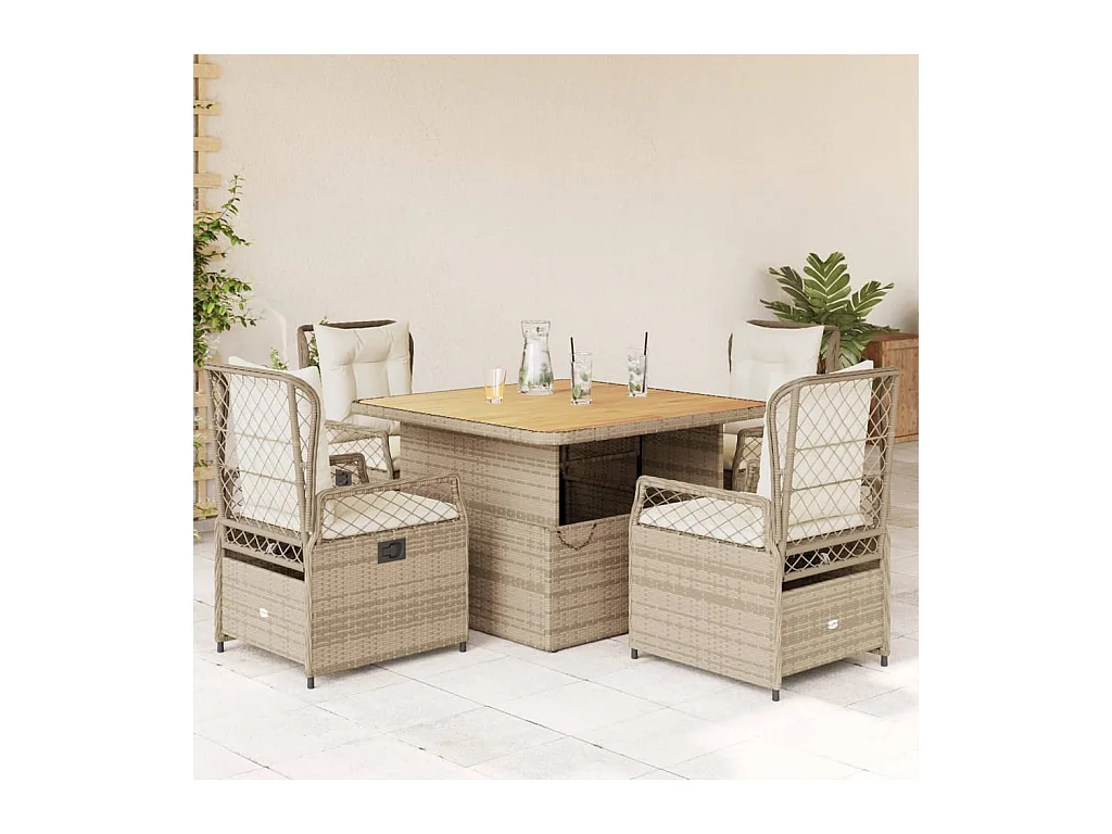 Ensemble à manger de jardin avec coussins 5 pièces Beige poly rotin