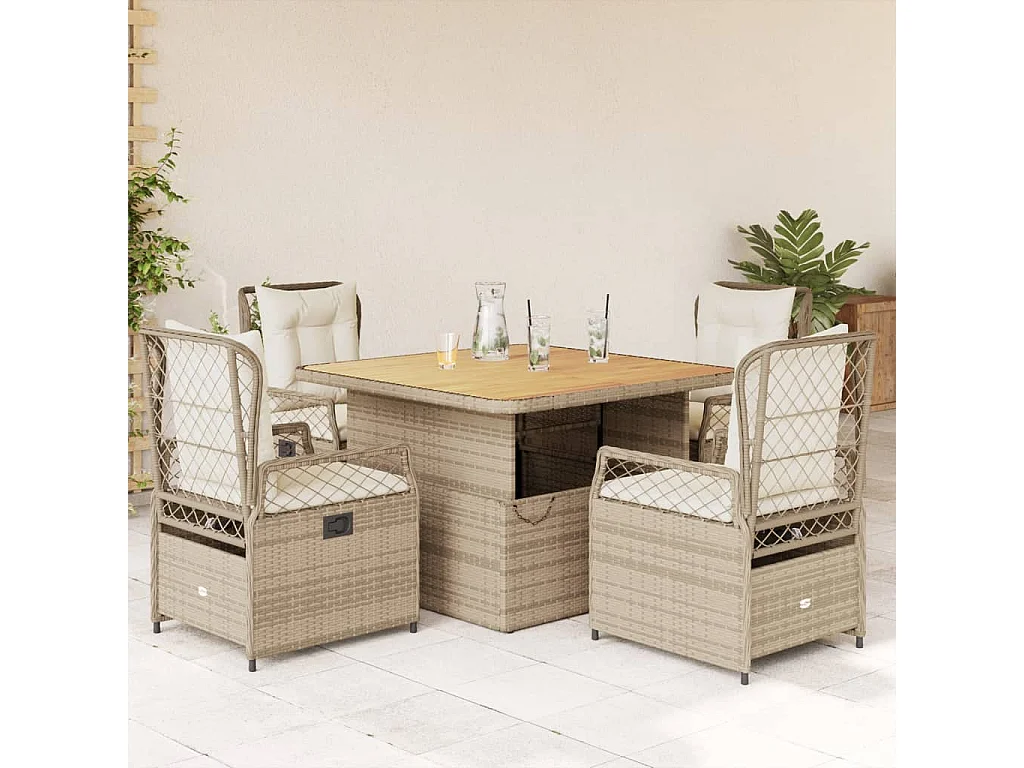 Ensemble à manger de jardin avec coussins 5 pièces Beige poly rotin