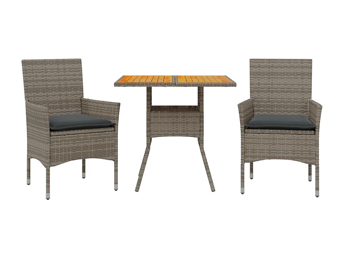 Set de comedor jardín 3 piezas con cojines ratán PE acacia gris