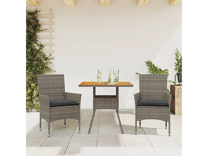 Set de comedor jardín 3 piezas con cojines ratán PE acacia gris