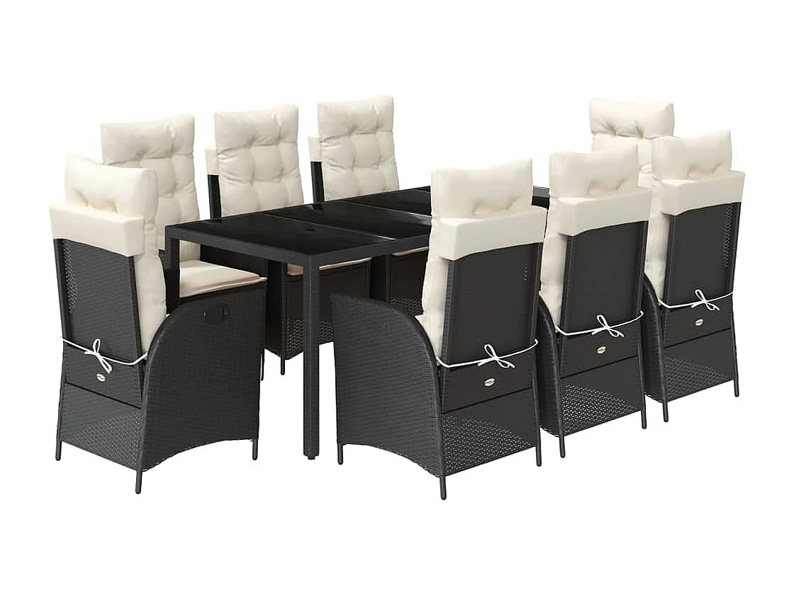 Ensemble à manger de jardin 9 pièces coussins noir résine tressée