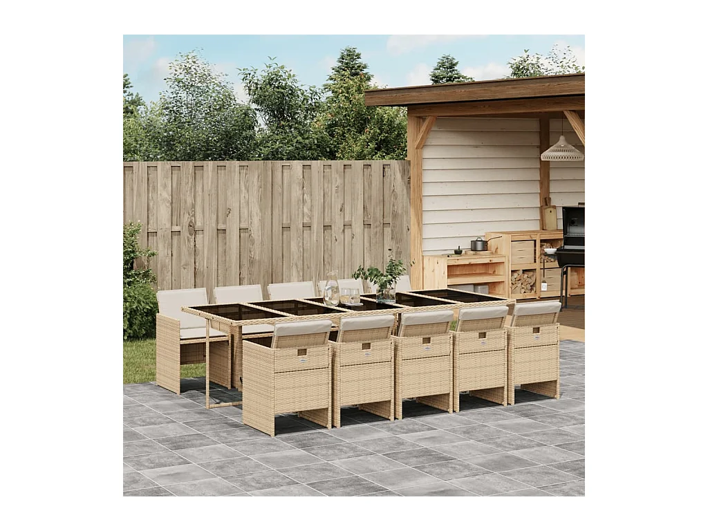 Ensemble à manger de jardin et coussins 11 pièces beige poly rotin