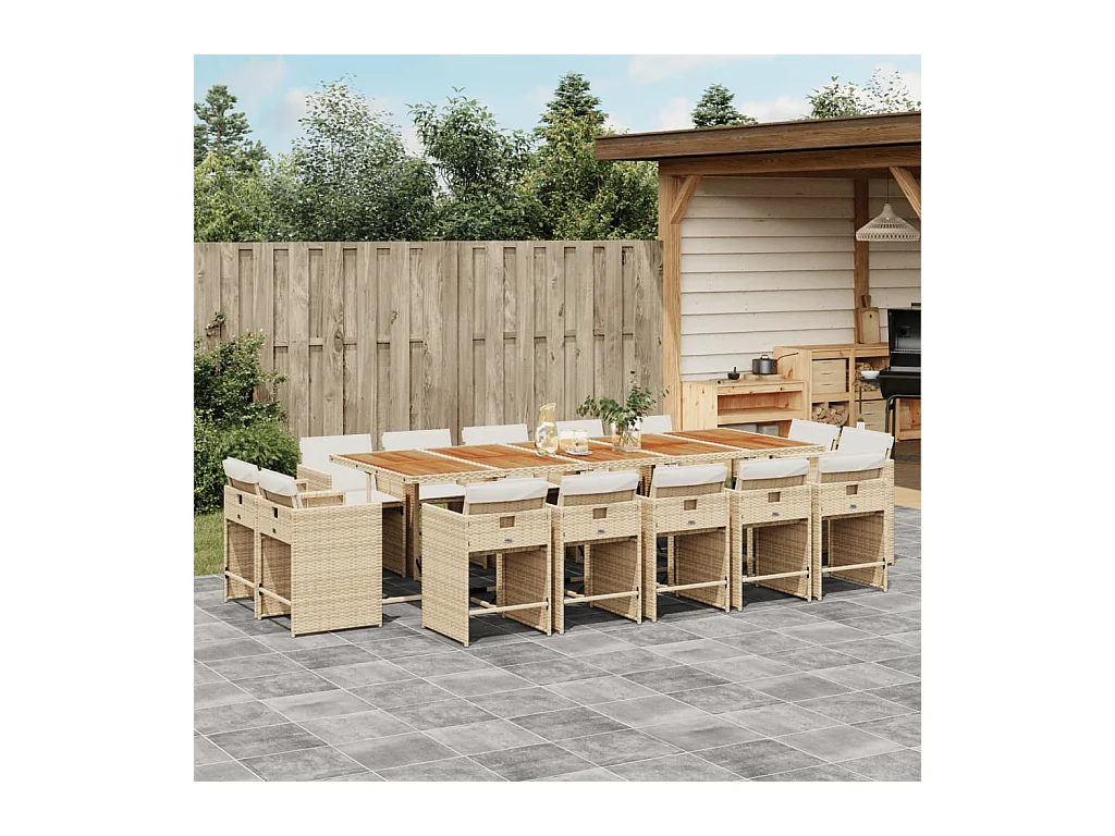 Ensemble à manger de jardin et coussins 15 pièces beige
