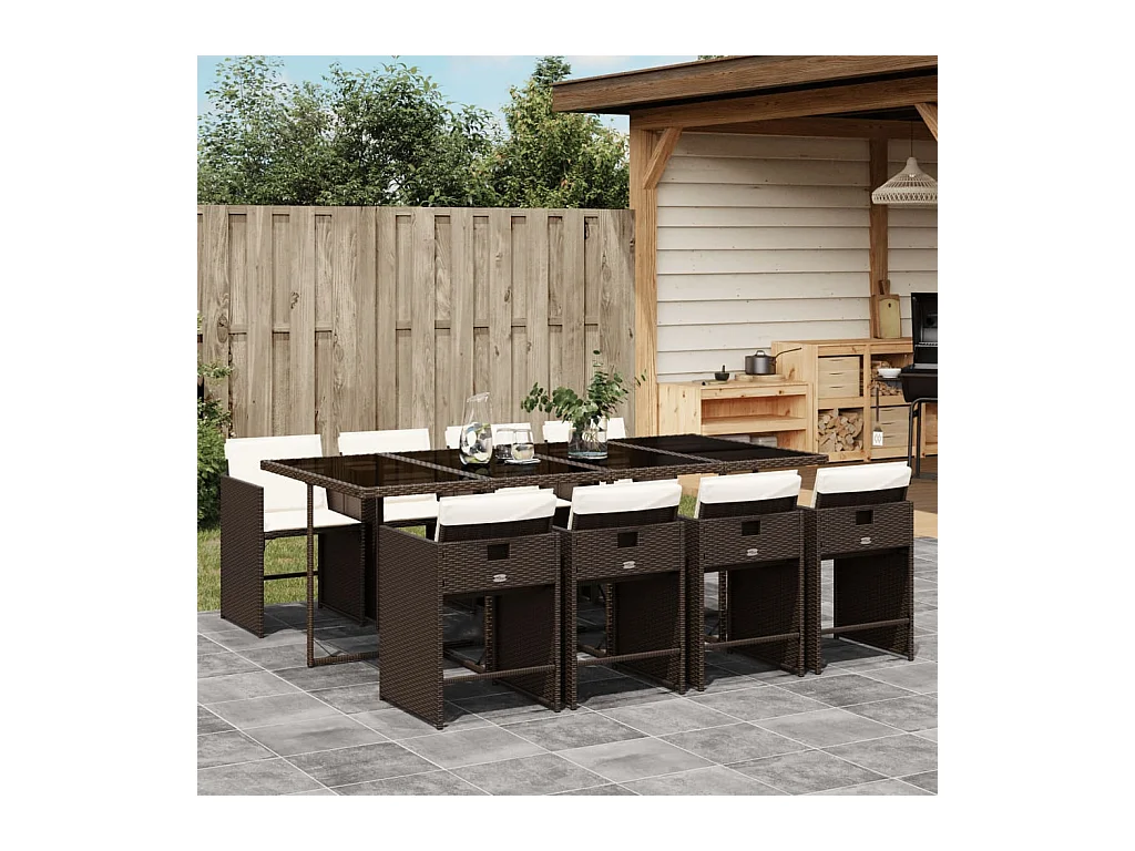 Ensemble à manger de jardin et coussins 9 pièces marron poly rotin