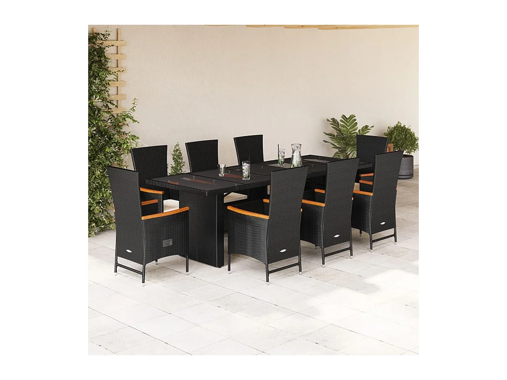 9 peças conjunto de jantar para jardim com almofadões vime PE preto