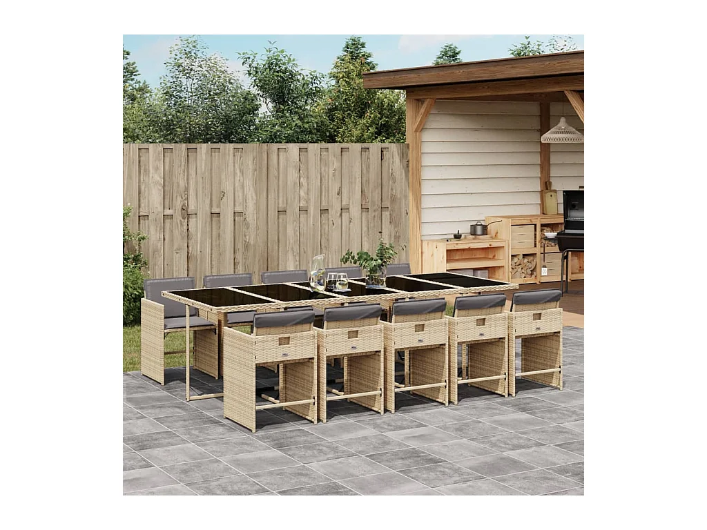 Set comedor de jardín 11 piezas con cojines ratán sintético beige