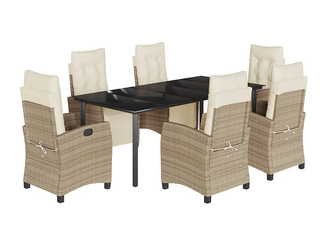Ensemble à manger de jardin et coussins 7 pièces beige poly rotin
