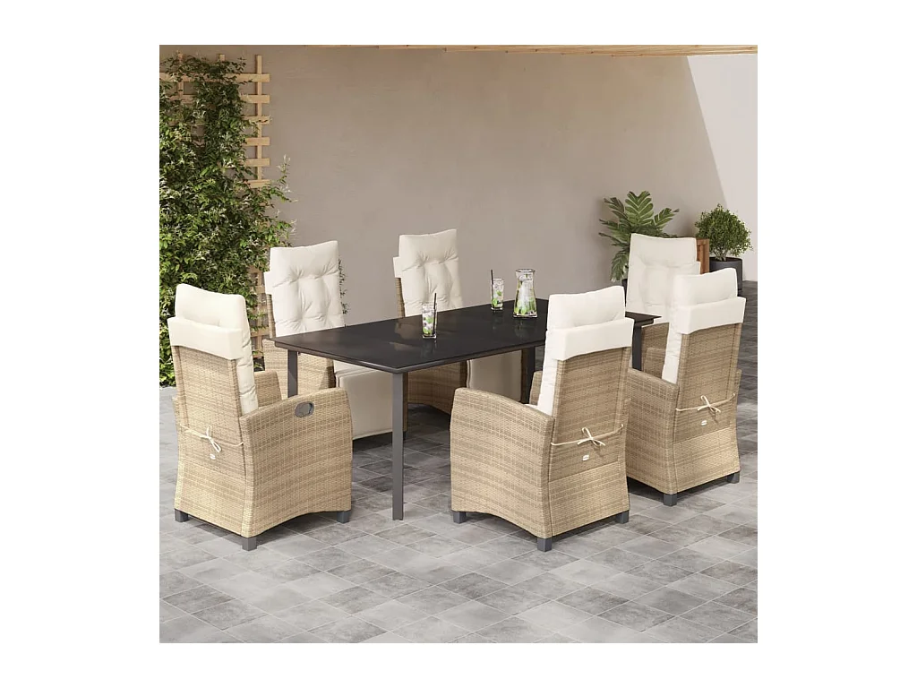 Set comedor de jardín 7 piezas con cojines ratán sintético beige