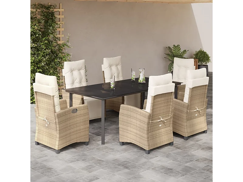 Ensemble à manger de jardin et coussins 7 pièces beige poly rotin