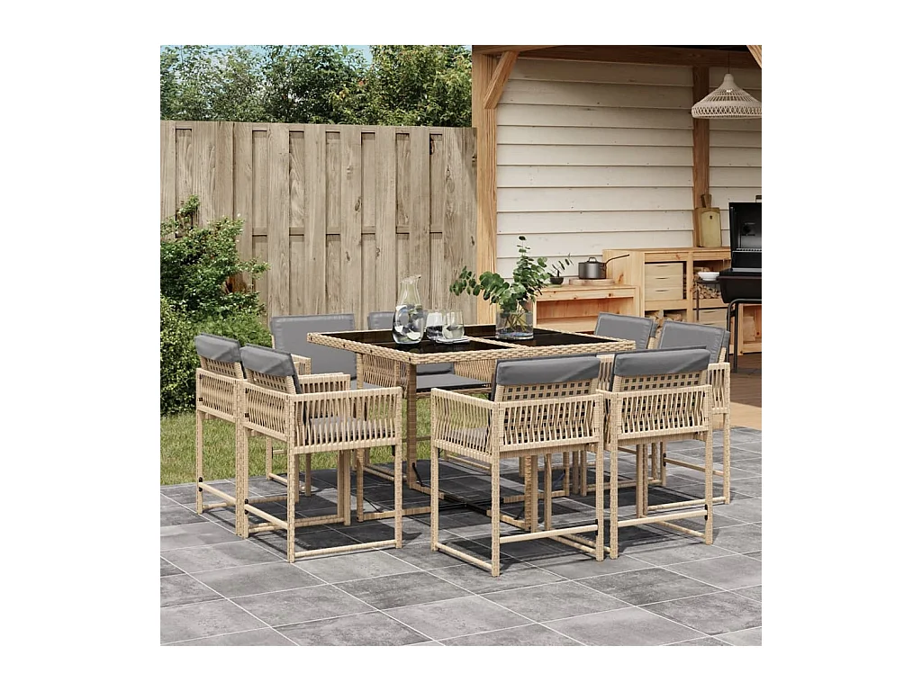 Set comedor de jardín 9 piezas con cojines ratán sintético beige