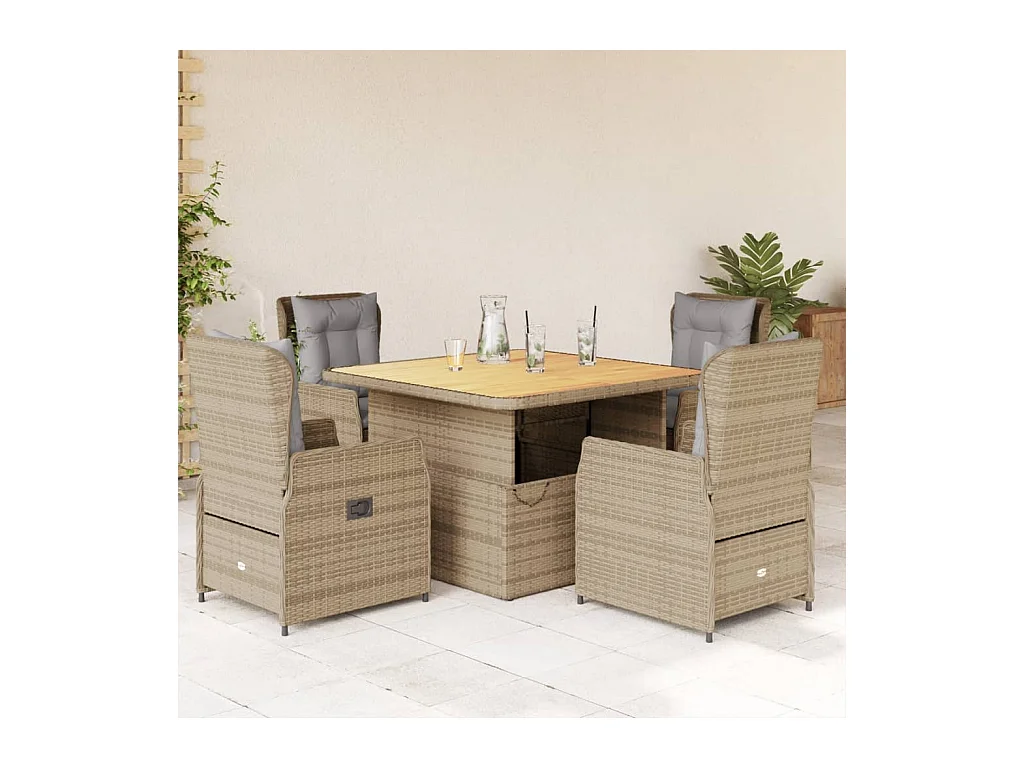 Ensemble à manger de jardin avec coussins 5 pièces Beige poly rotin