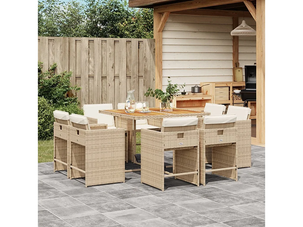 Ensemble à manger de jardin et coussins 9 pièces beige Poly rotin