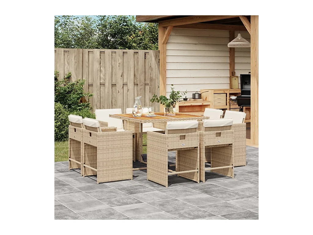 Set comedor de jardín 9 piezas con cojines ratán sintético beige