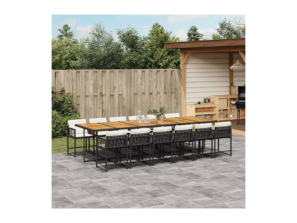 Set comedor de jardín con cojines 13 piezas ratán sintético negro