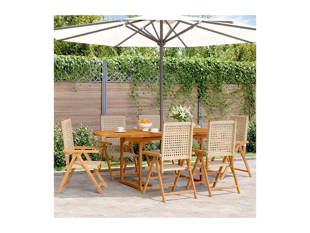 Ensemble à manger de jardin 7 pièces beige rotin et bois massif