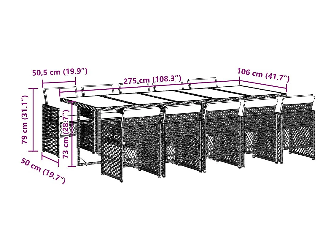 Ensemble à manger de jardin 11 pièces coussins noir résine tressée