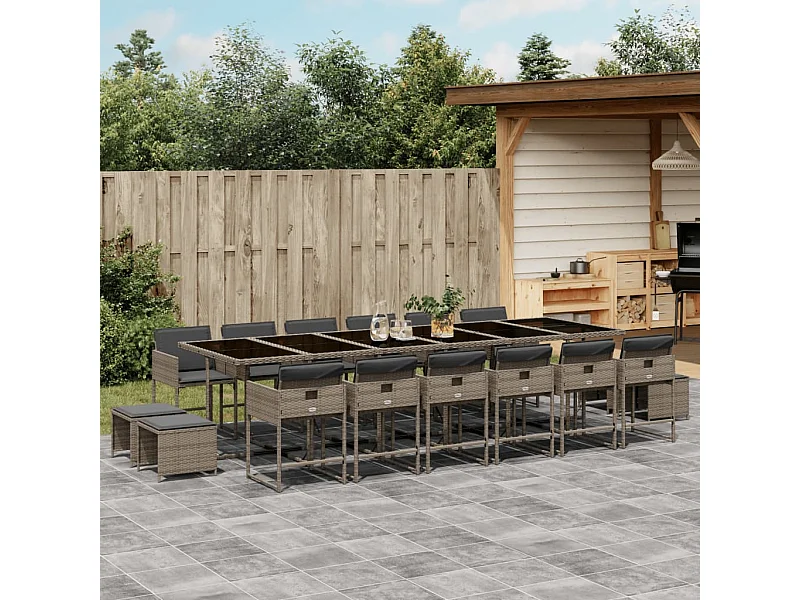 Set comedor de jardín 17 piezas y cojines ratán sintético gris