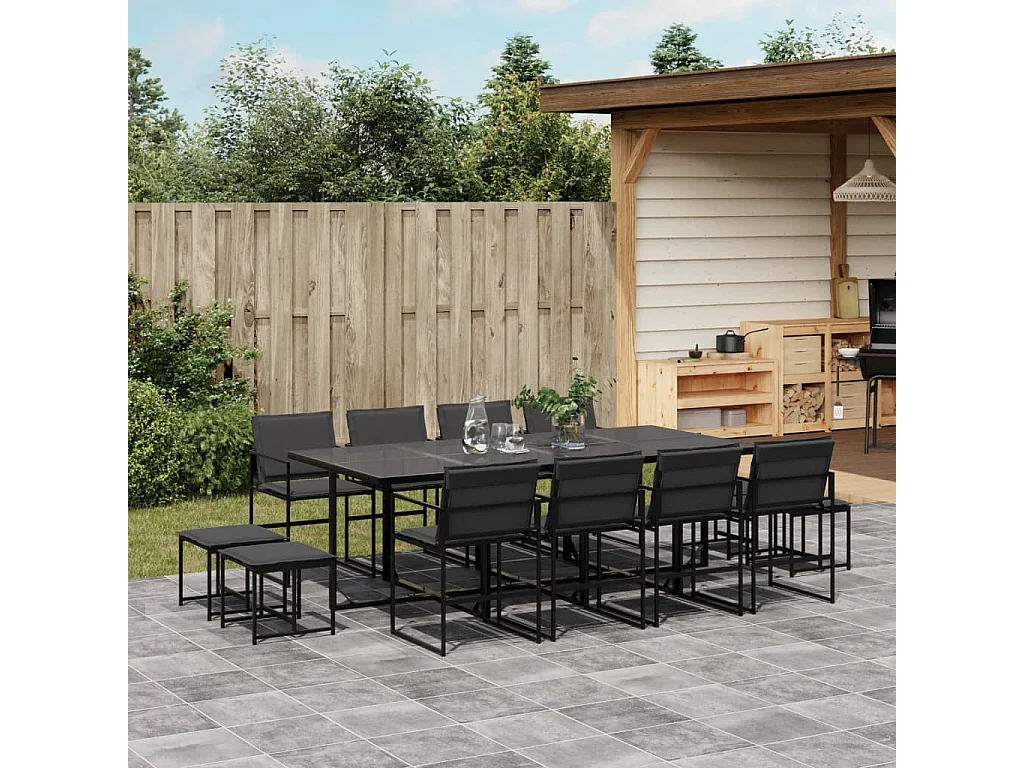 Ensemble à manger de jardin avec coussins 13 pièces noir textilène