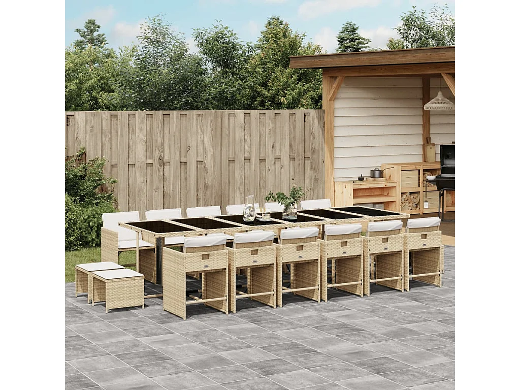 17 peças conjunto de jantar para jardim com almofadões vime PE bege