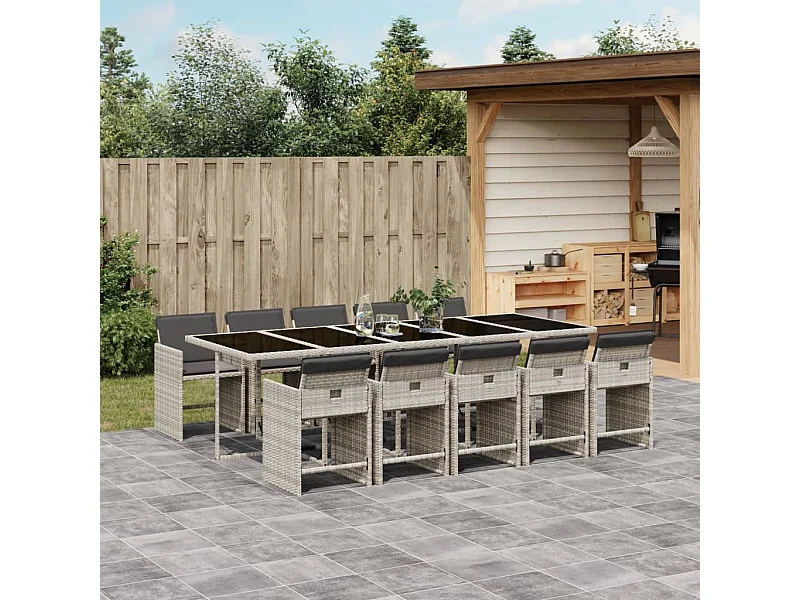 Ensemble à manger de jardin 11 pièces avec coussins gris poly rotin
