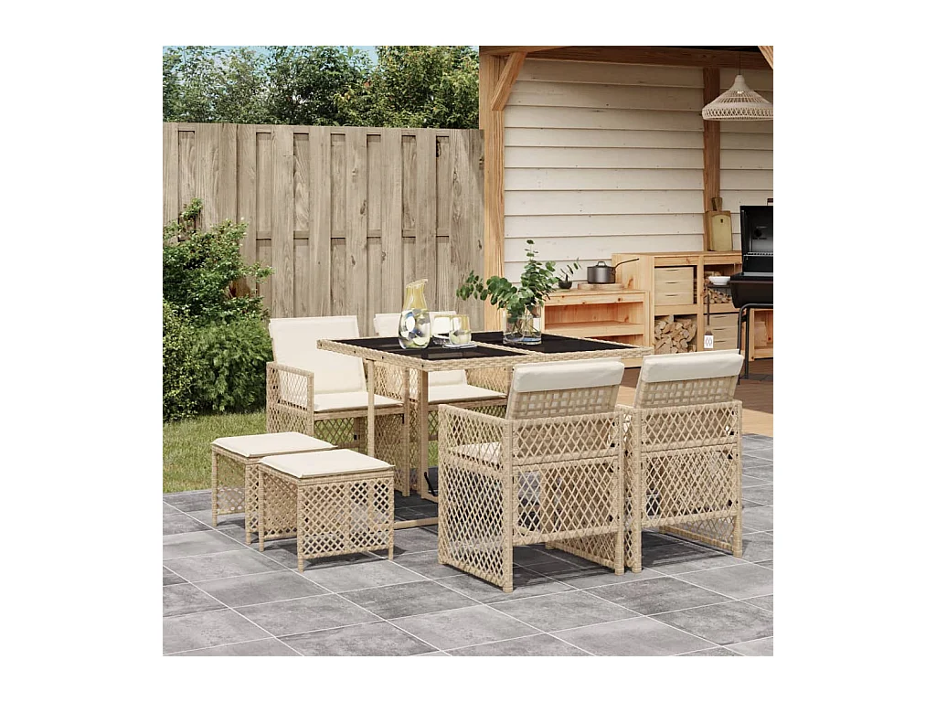 Ensemble à manger de jardin et coussins 9 pièces beige Poly rotin