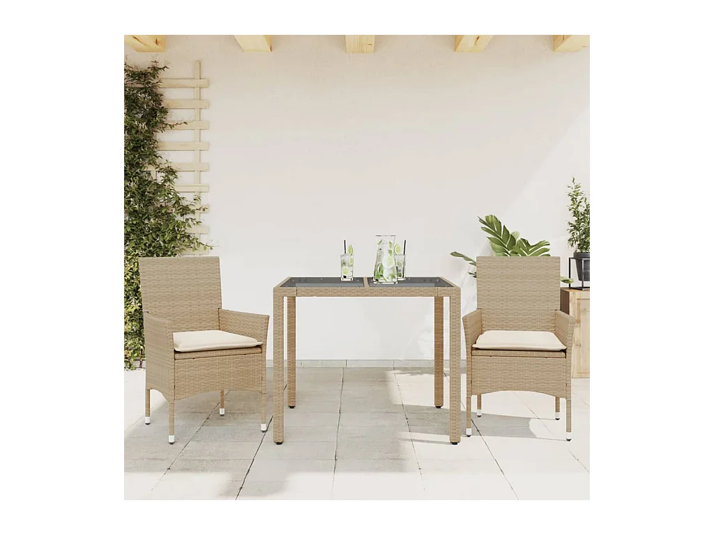 Ensemble à manger de jardin et coussins 3 pièces beige rotin verre