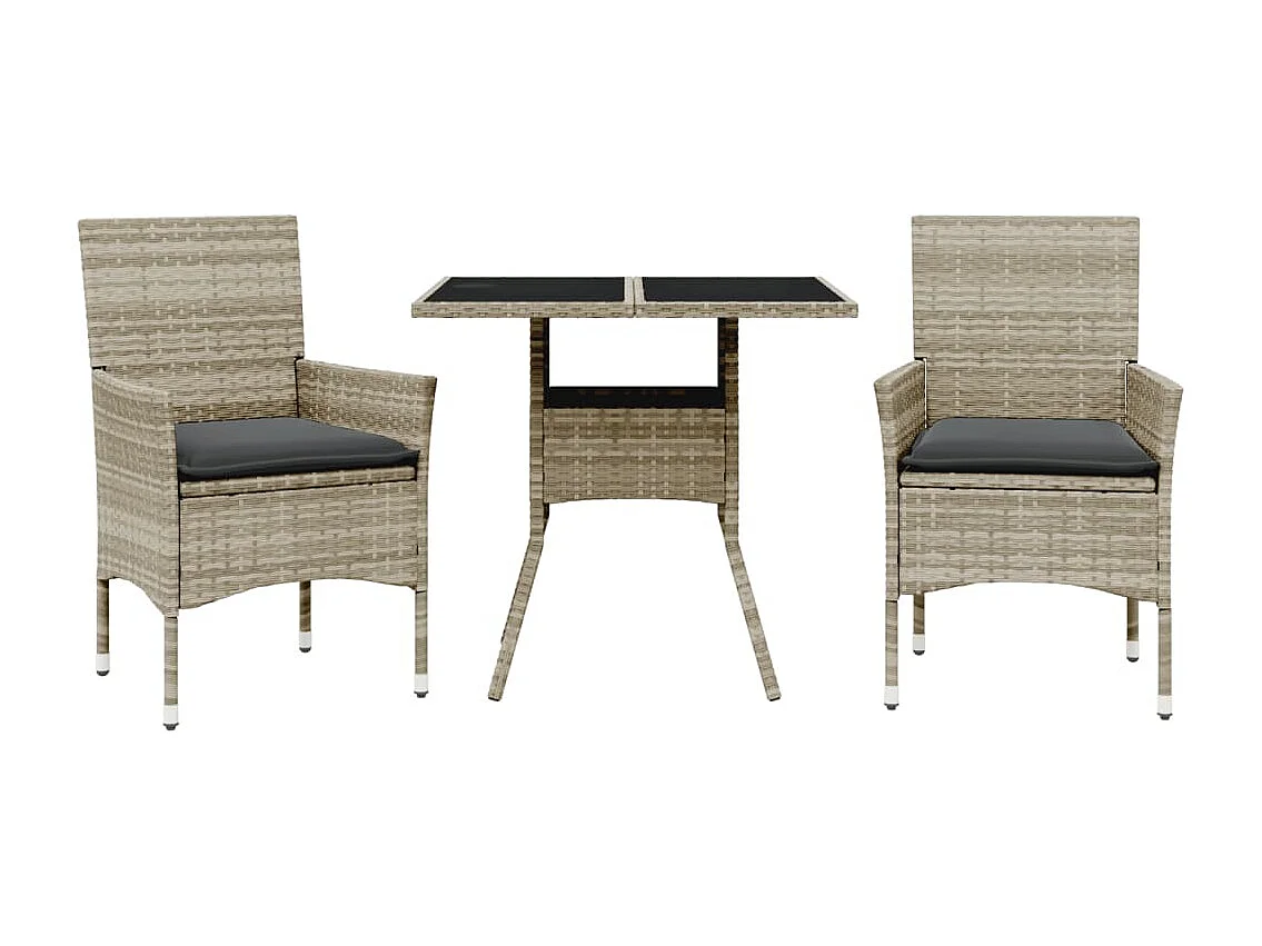 Set comedor jardín 3 piezas y cojines ratán PE vidrio gris claro
