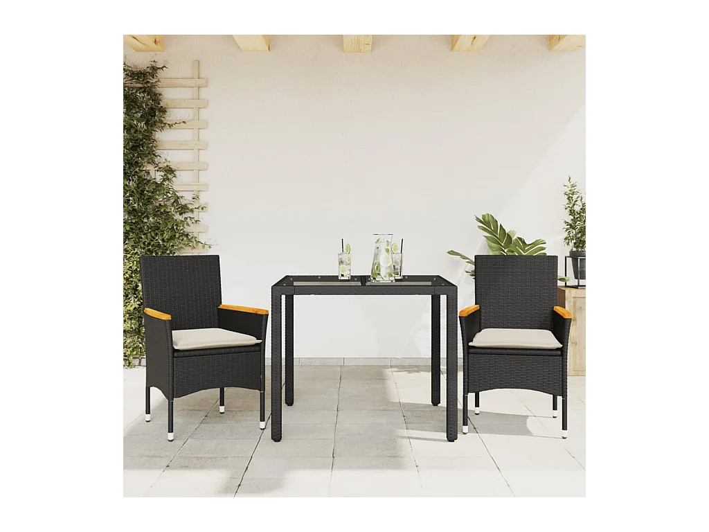 Ensemble à manger de jardin et coussins 3 pièces noir rotin verre