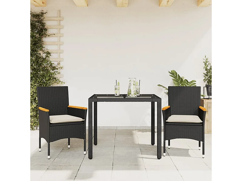 Set comedor jardín 3 piezas cojines ratán sintético vidrio negro