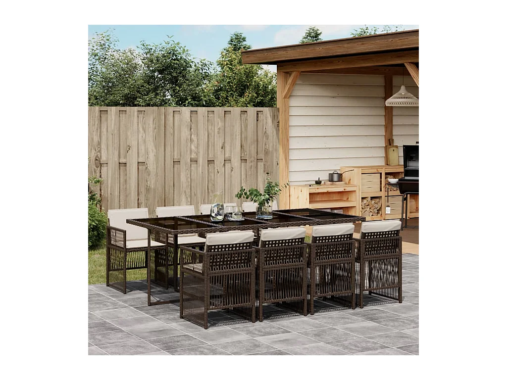 Ensemble à manger de jardin et coussins 9 pièces marron poly rotin