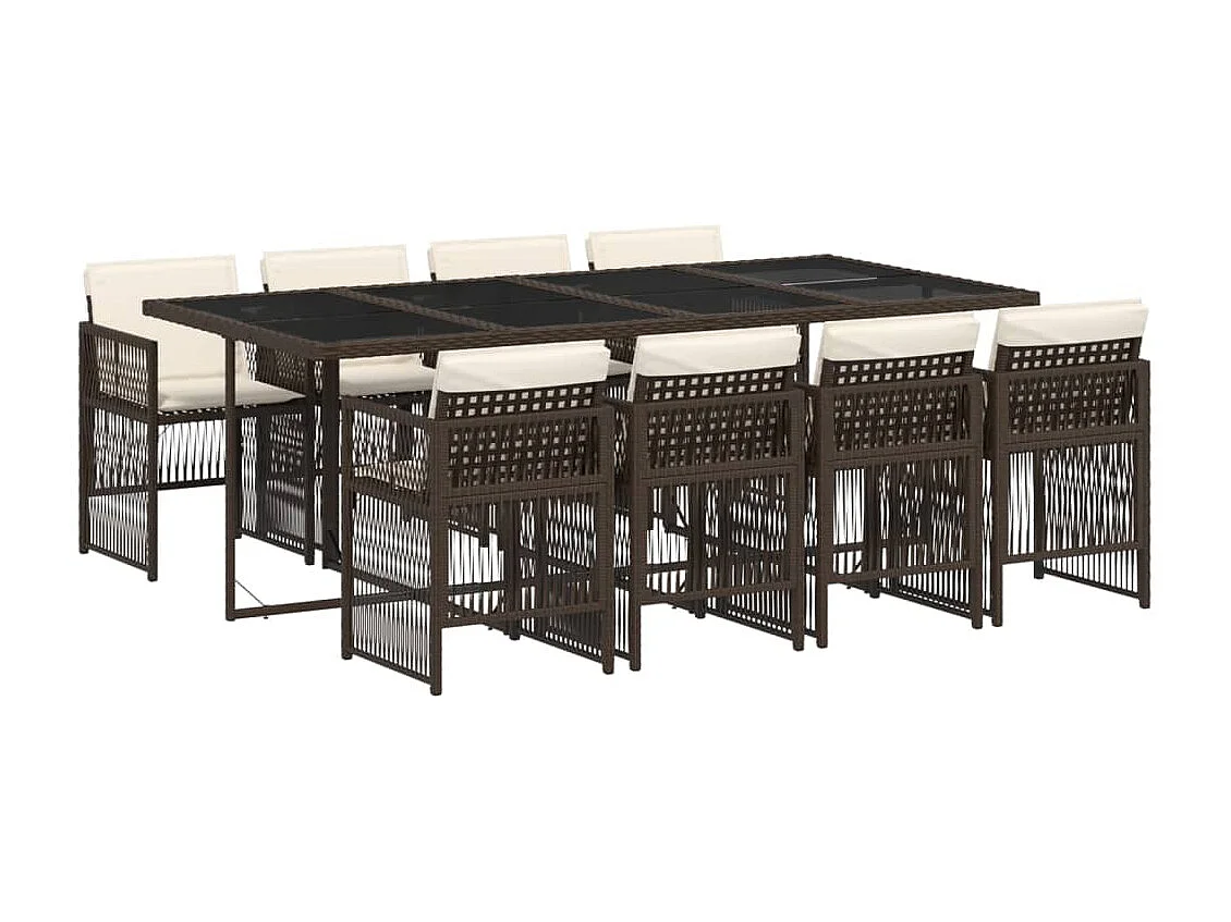 Ensemble à manger de jardin et coussins 9 pièces marron poly rotin