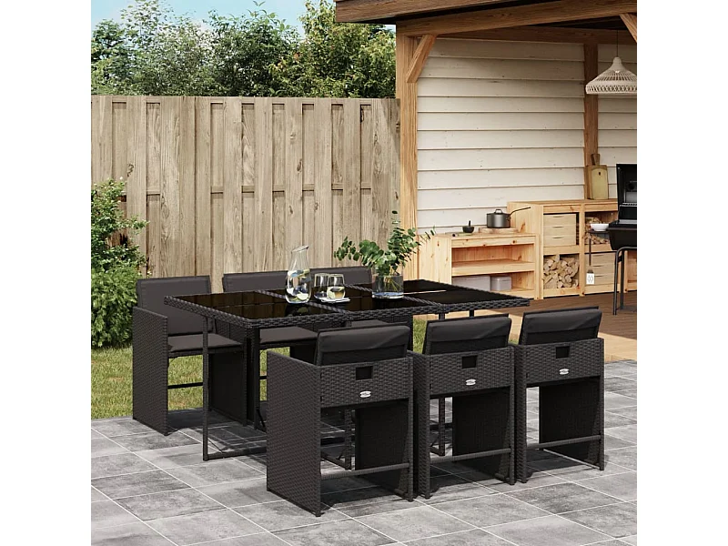 7 peças conjunto de jantar para jardim com almofadões vime PE preto