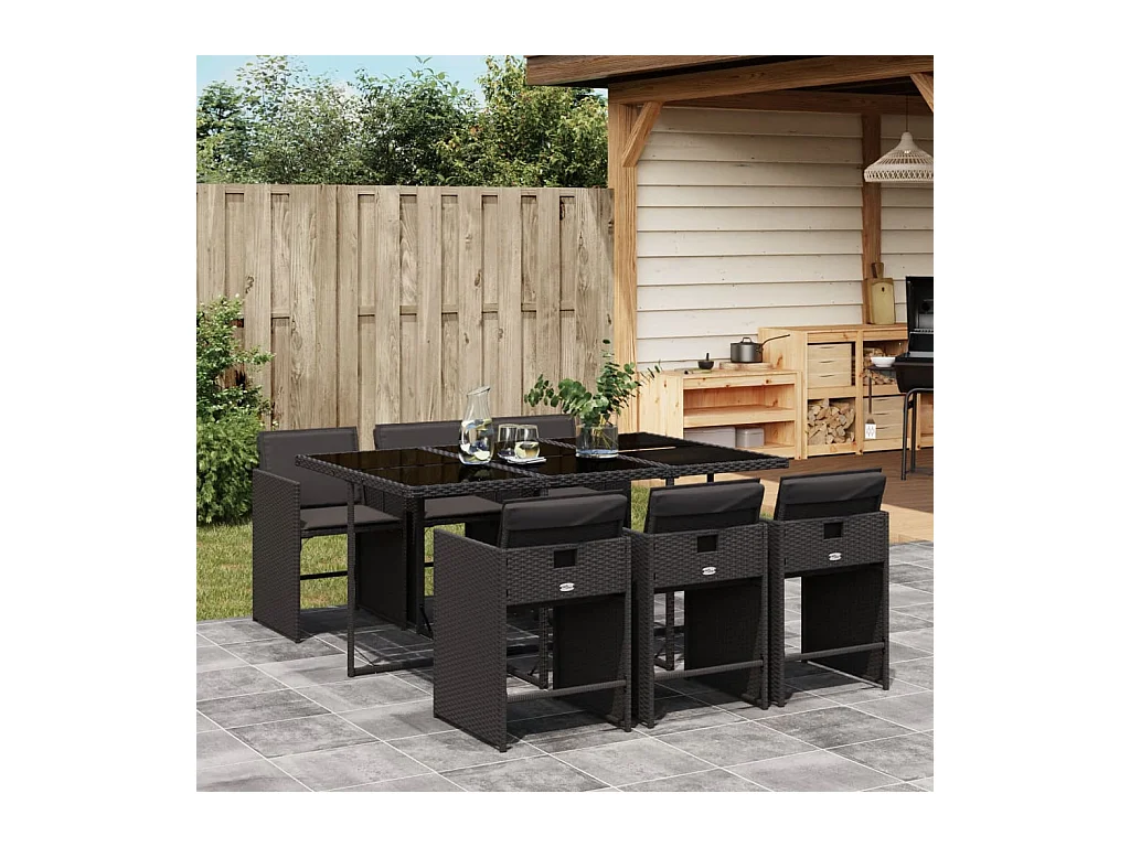 7 peças conjunto de jantar para jardim com almofadões vime PE preto